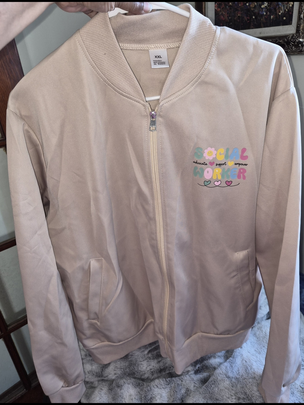 Beige "Social Worker" Zip-Up Bomber Jacket